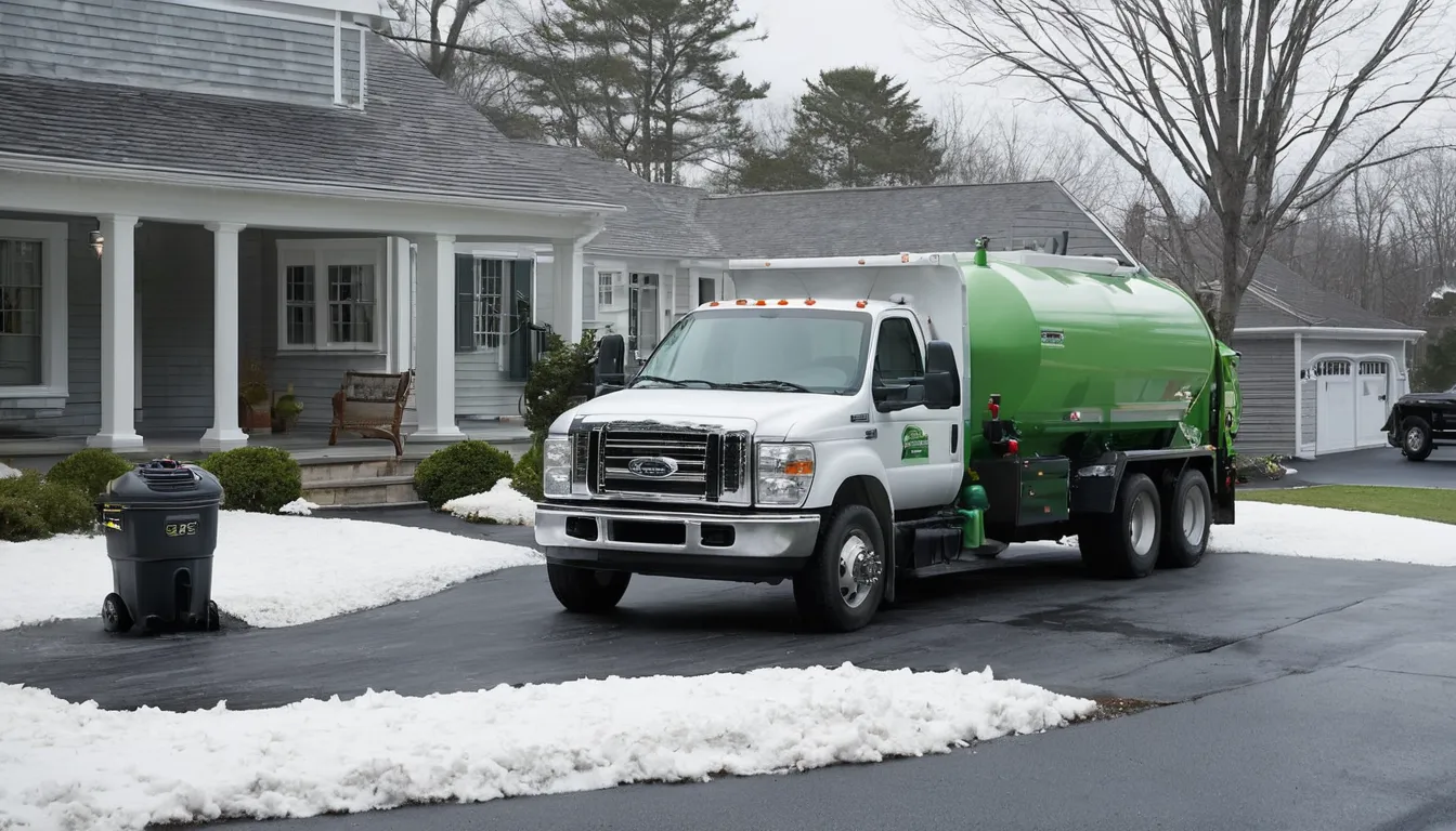 A septic pumping truck parked beside a New England style home in Vandergrift