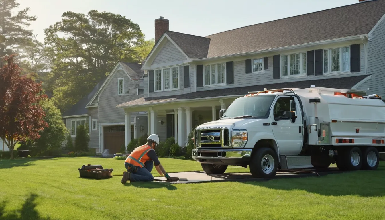 Septic provider in work gear checking an access lid on a residential lawn in the Vandergrift area